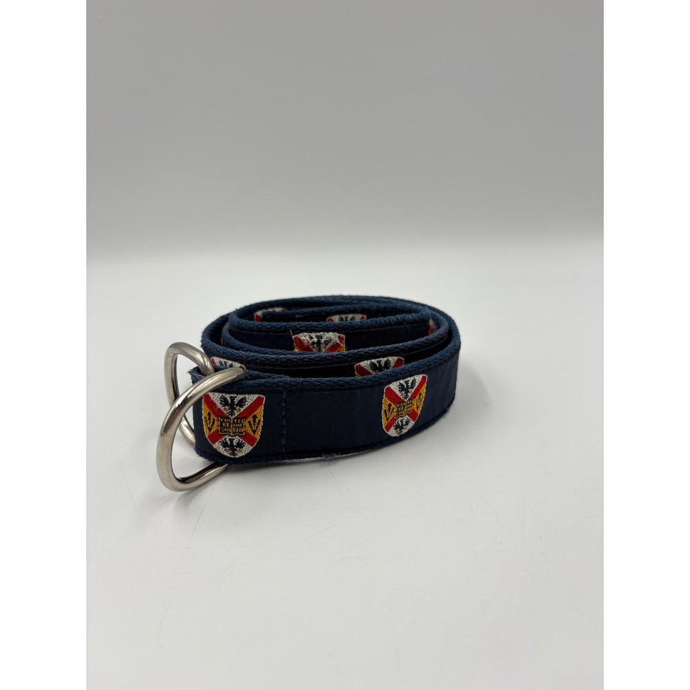 Leather Man D-Ring Belt Unisex Medium Navy Blue Good Heraldic Crest Ribbon